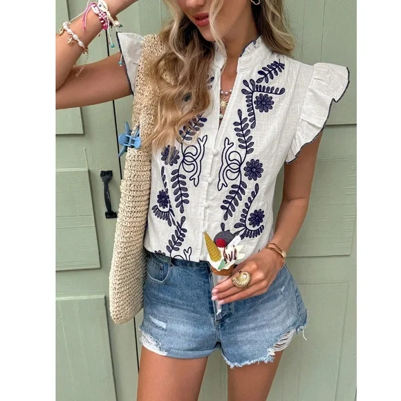 Cotton White Button Down Shirt Blue Floral Embroidery Ruffle Cap Sleeves V-Neck - Picture 3 of 9